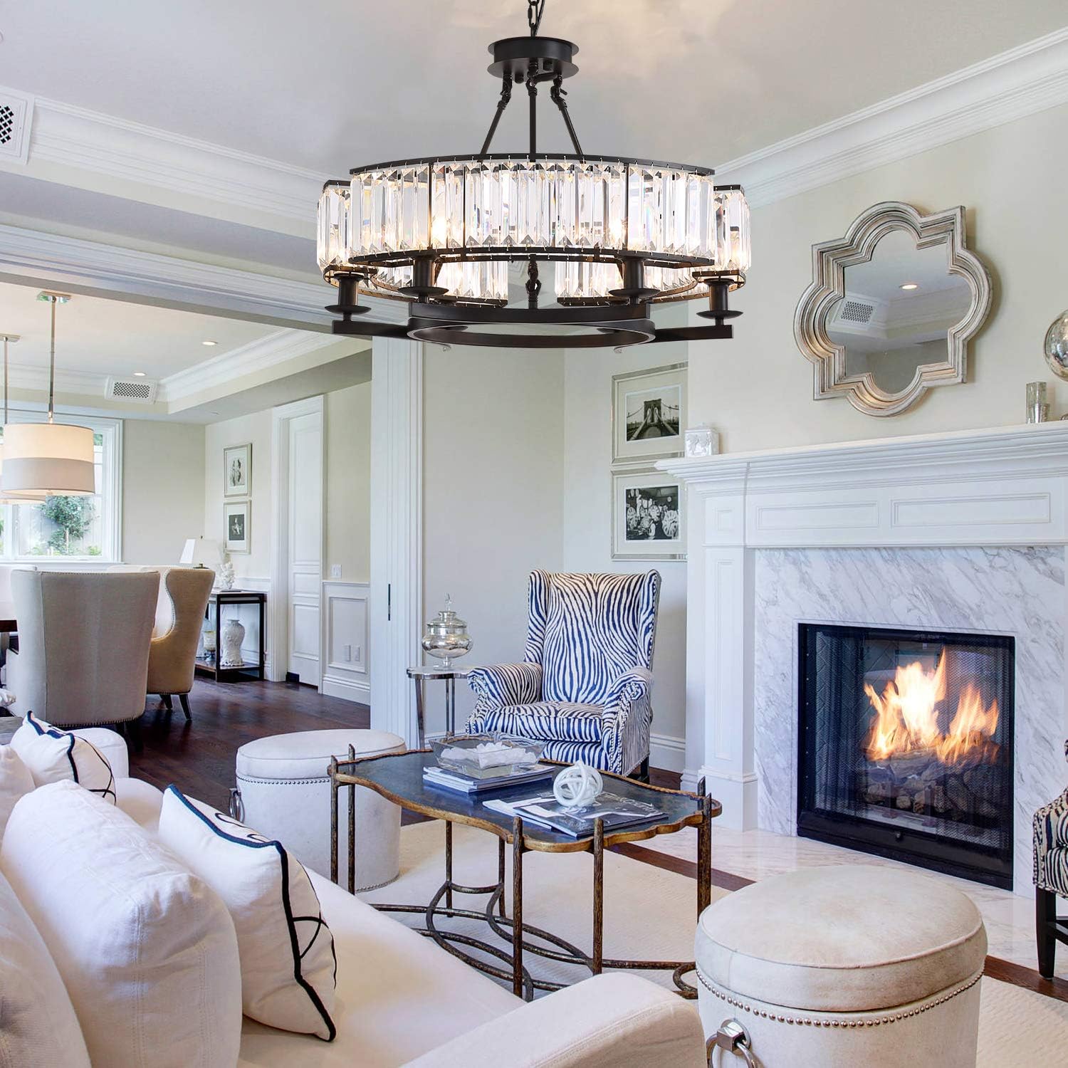 NOXARTE Luxury Round Crystal Chandelier Vintage Hanging Ceiling Light Pendant LED Dimmable Fixture for Dining Room Bedroom Black: Home Improvement