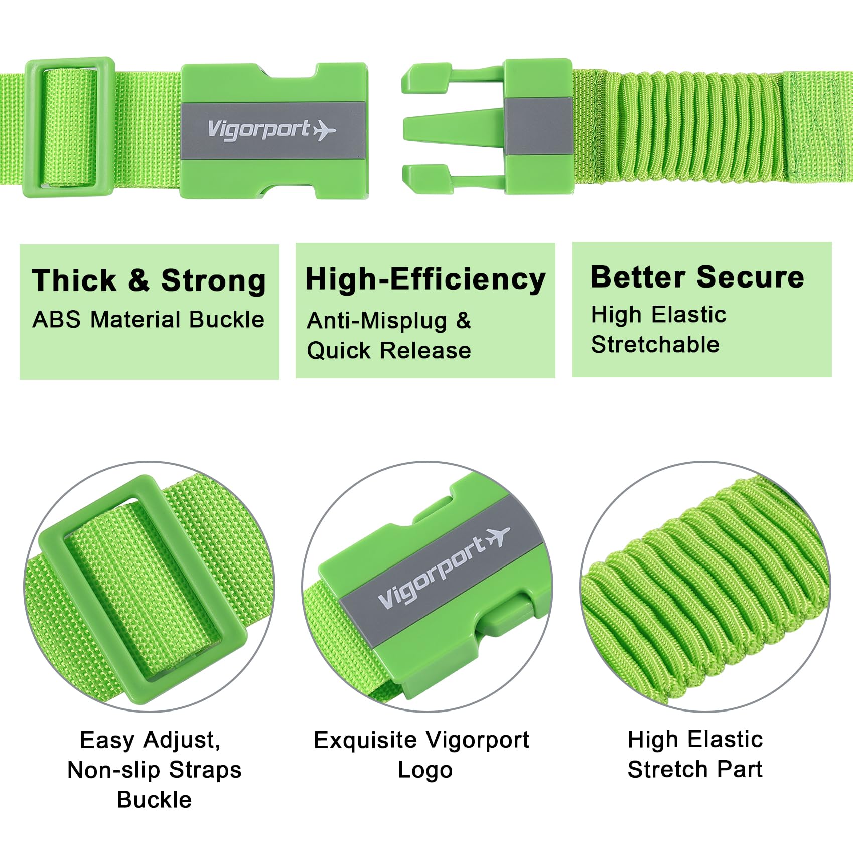 Vigorport Luggage Straps with Stretch Part, Green Suitcase Belt TSA Approved with Adjustable Quick-Release Buckle to Keep Your Suitcase Secure While Traveling