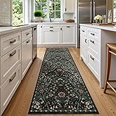 2x6 Washable Runner Rug,Black Floral Boho Area Rug for Hallway,Low-Pile Non-Slip Stain Resistant Carpet for Kitchen, Bedside,Laundry Room,Entryway