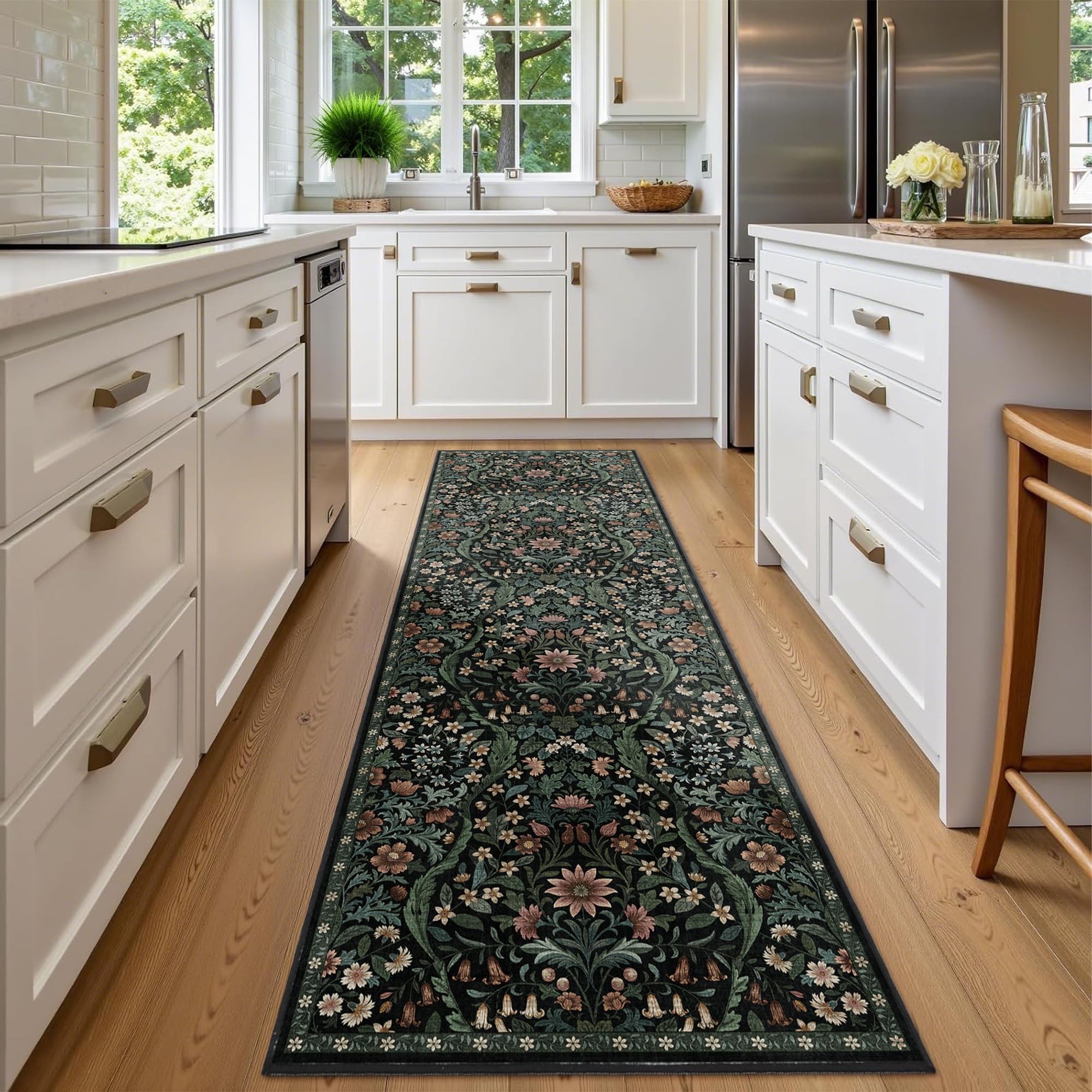 Photo 1 of 2x6 Washable Runner Rug,Black Floral Boho Area Rug for Hallway,Low-Pile Non-Slip Stain Resistant Carpet for Kitchen, Bedside,Laundry Room,Entryway