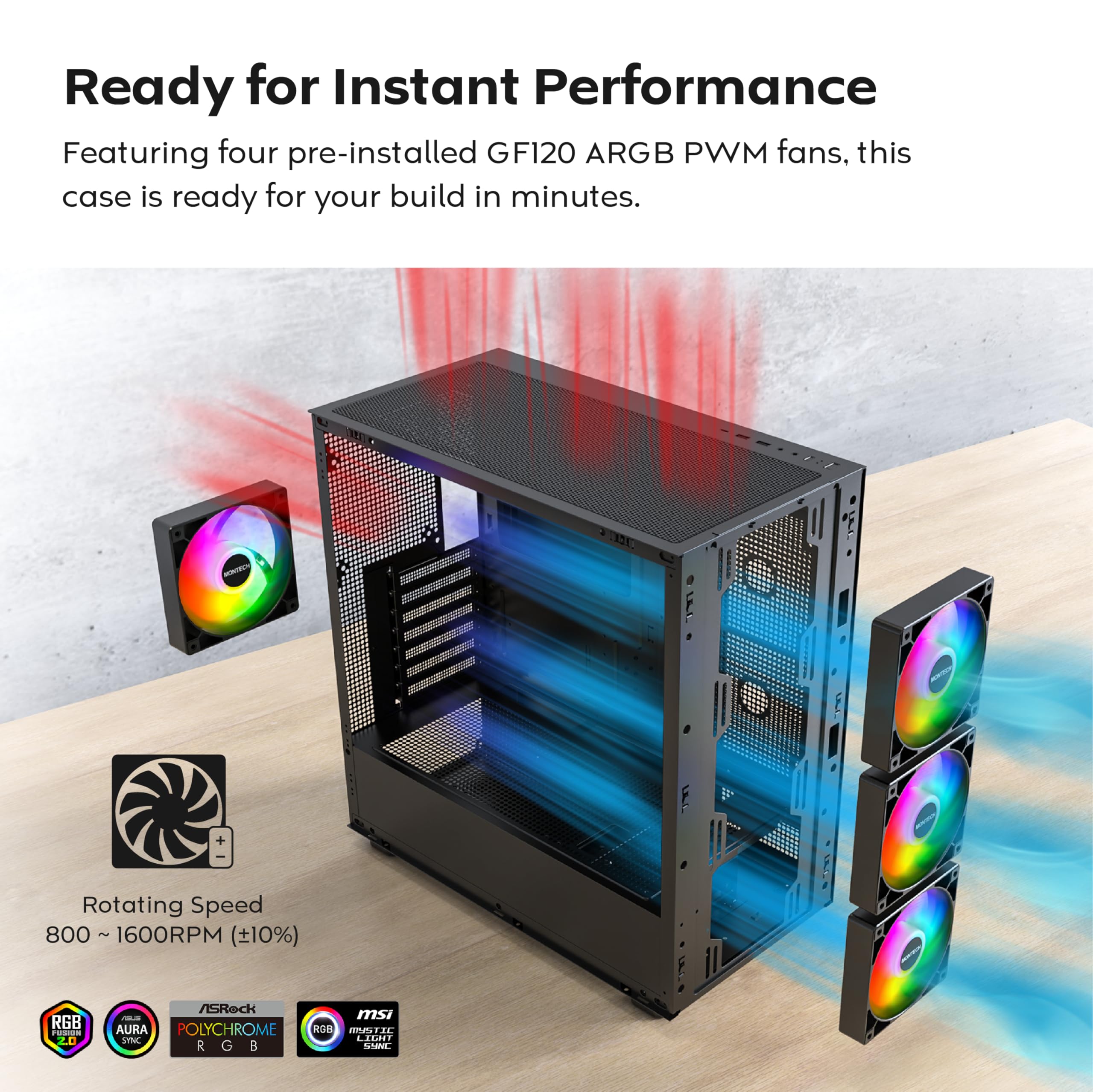 Montech Xr Wood, Genuine Black Walnut Front, Atx Pc Gaming Case, Glass Side Panel, 4 Pre-Installed Gf120 Argb Pwm Fans, Black - View 7