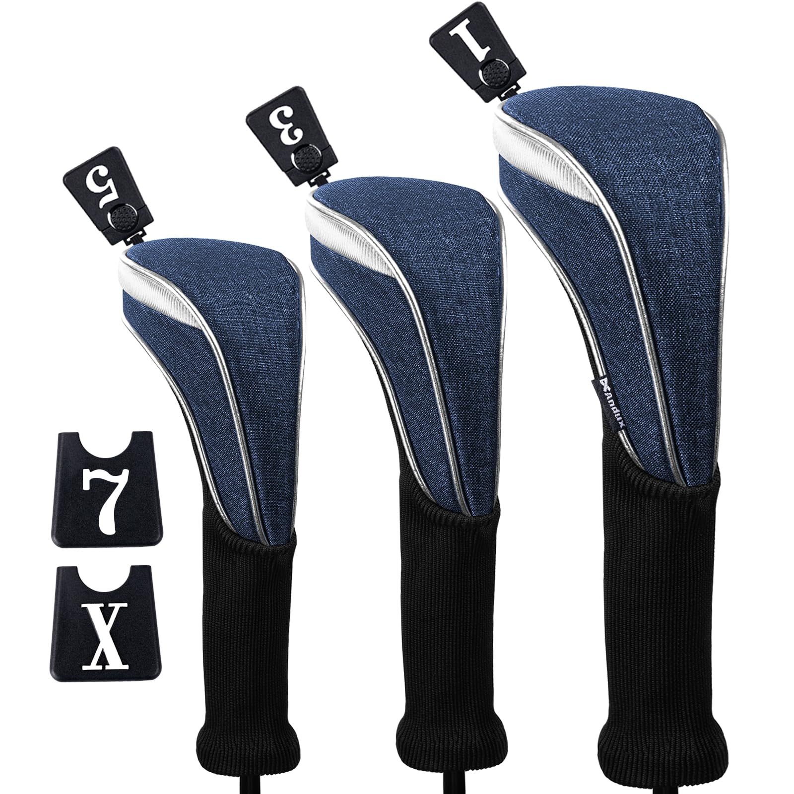 Andux 3pcs/Set Nylon Golf Wood Club Head Covers 460cc Driver Covers Long Neck Blue