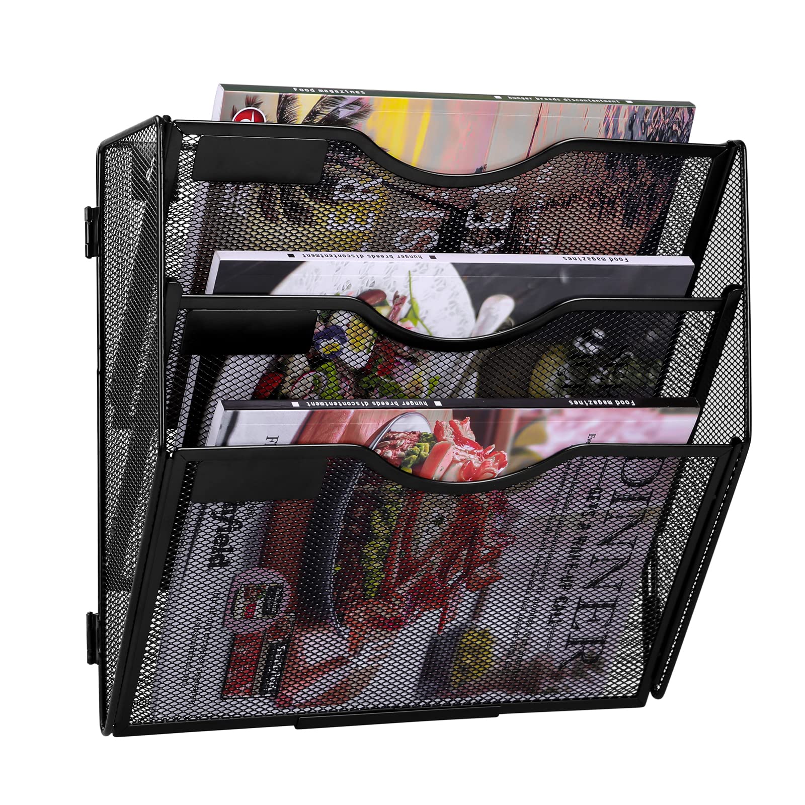 TQVAI 5-Tier Wall File Organiser, Wall Mail Holder, Wall Mounted Magazine Rack, Mesh A4 Paper Storage, Office Document Organiser (Black, 3 Tier)