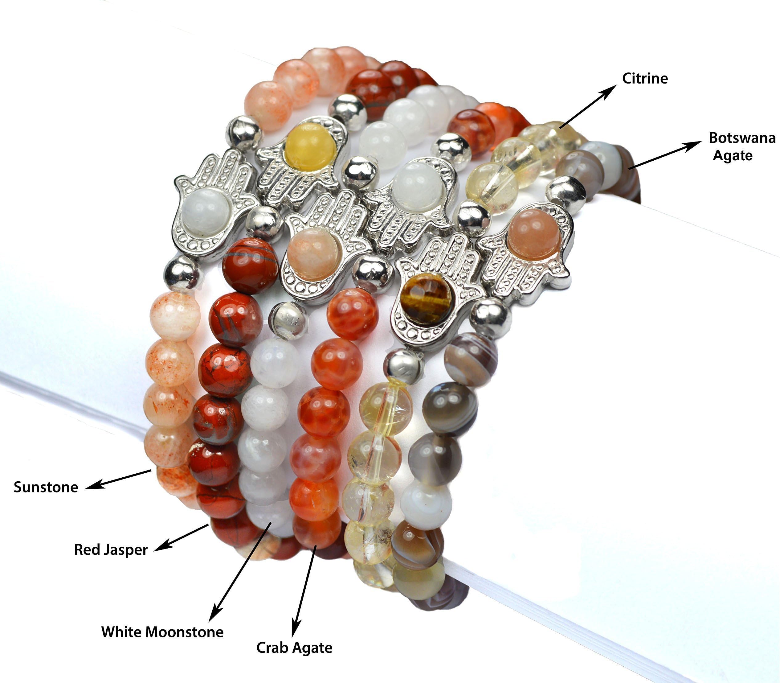 Hamsa Hand Gemstone Protection Bracelets. Choose one of sunstone, red jasper, white moonstone, crab agate, citrine or botswana agate gemstones. Genuine gemstone jewelry handmade by Mirilya.
