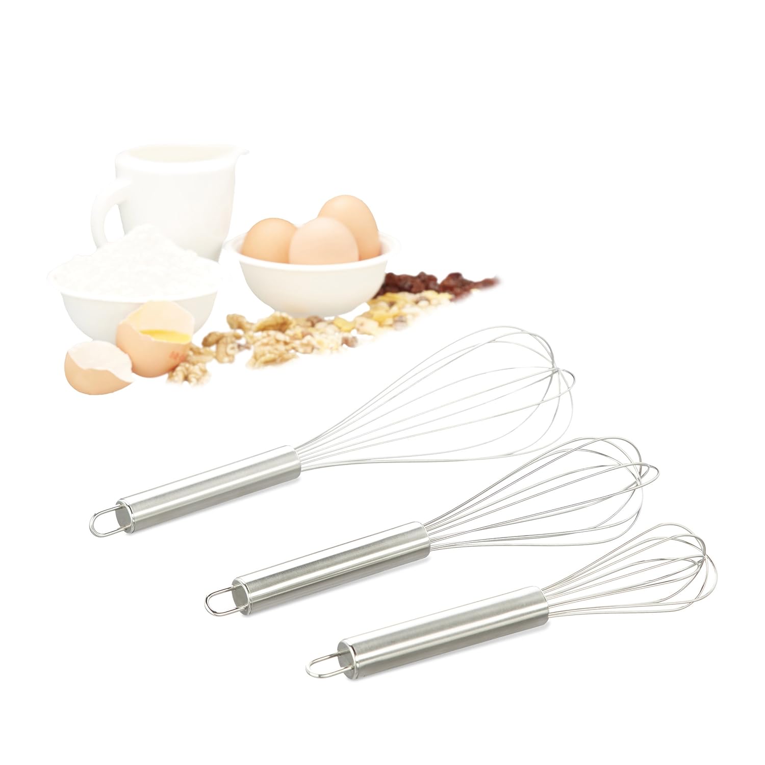 Relaxdays Whisk Set of 3, Large StainlessSteel Eggbeater, Dishwasher