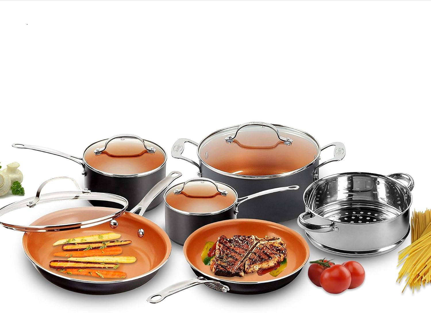 Gotham Steel Pots and Pans 10 Piece Cookware Set with Nonstick Ceramic Coating by Chef Daniel Green – Graphite, Fry, Stock Steamer Insert: Kitchen & Dining