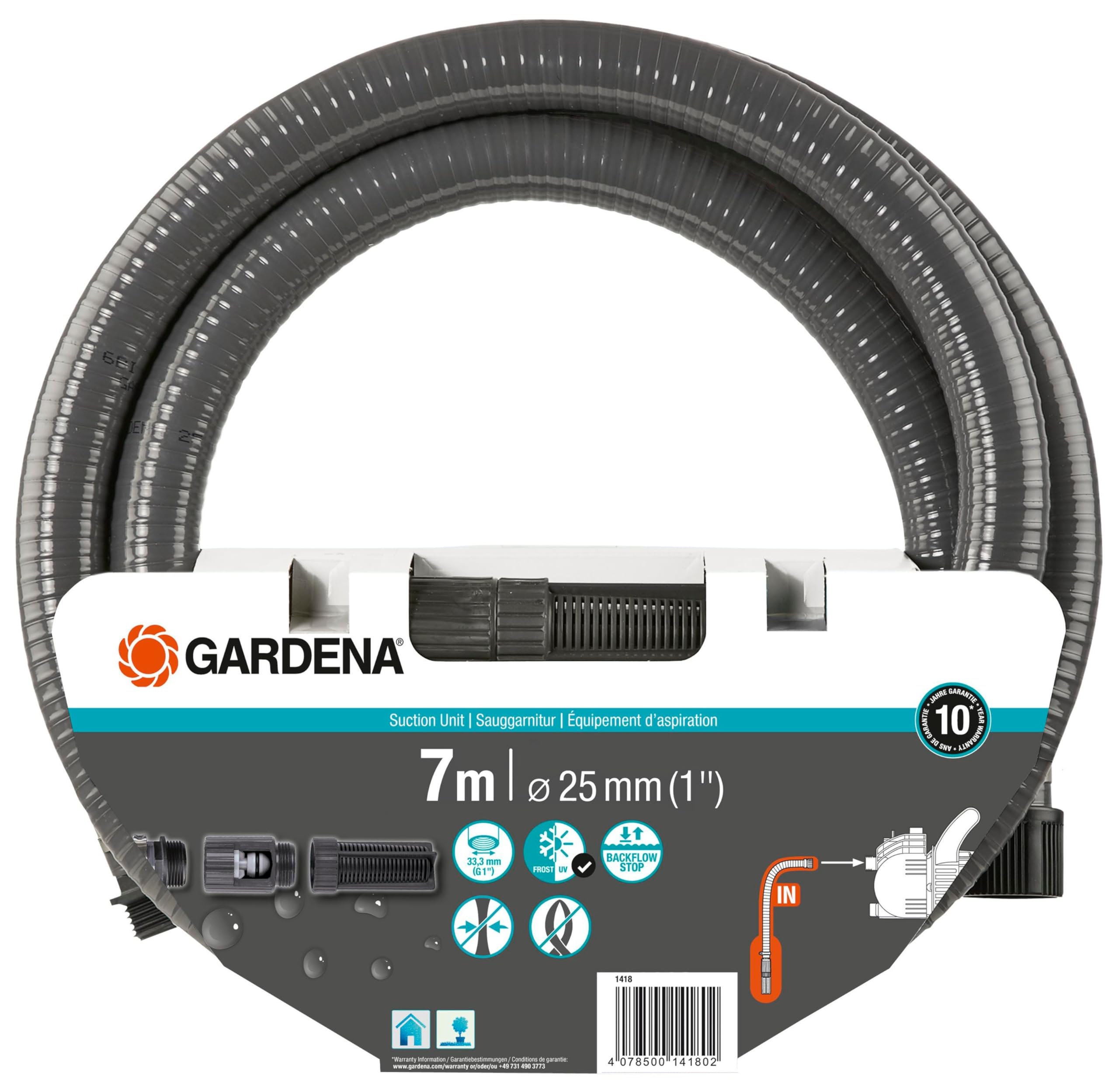GARDENA Suction 7 m: Robust Suction Hose for Connection to The Garden Pump with Suction Filter and backflow Stop, Diameter 25 mm (1418-20)