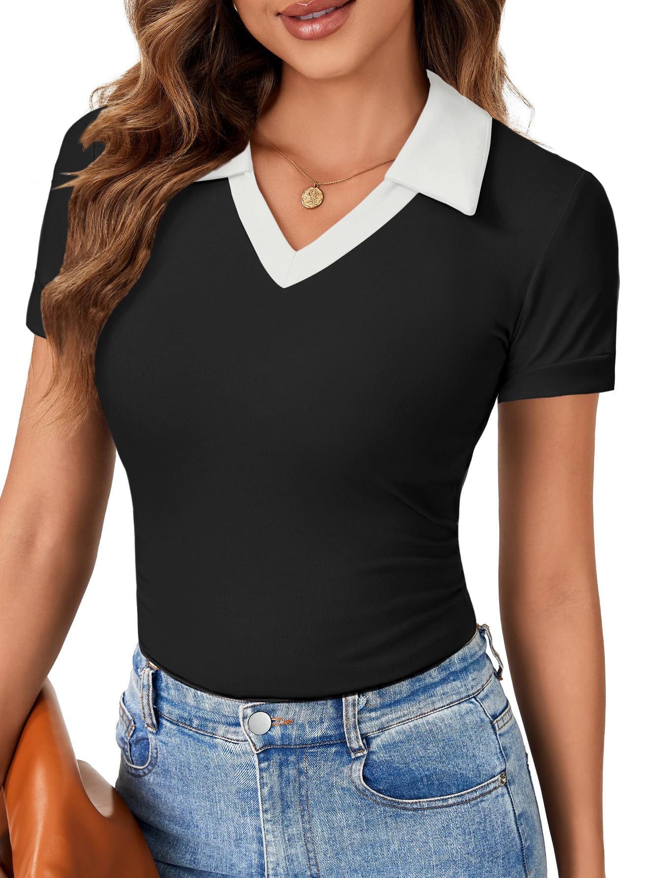 LYANER Women's Short Sleeve V Neck T Shirts Ribbed Knit Slim Fit Tee ...