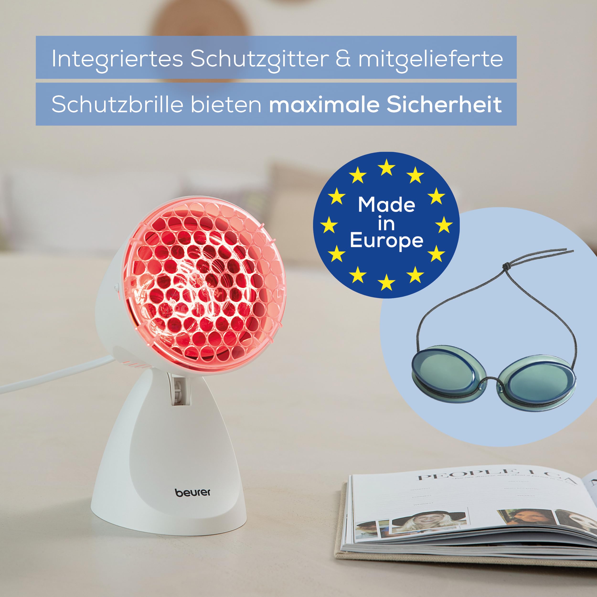 Beurer IL 11 Infrarotlampe mit Schutzgitter, Medizinprodukt mit wohltuender Wärme zur Anwendung bei Erkältung und Muskelverspannung, 5 Neigungsstufen, inklusive Schutzbrille, Weiß 3