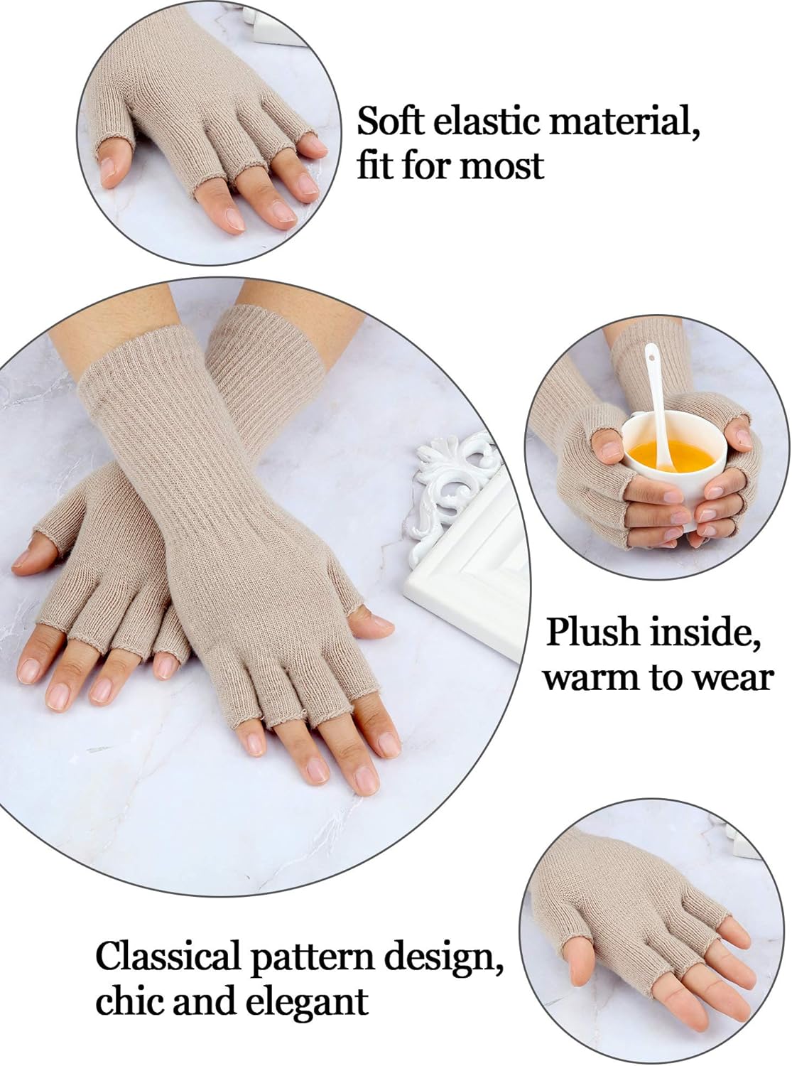 Unisex Half Finger Gloves Winter Stretchy Knit Fingerless Typing Gloves (Black, White, Dark Grey, Light Tan, 4) at  Women’s Clothing store