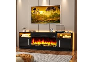 Tavata Fireplace TV Stand Entertainment Center with 36" Fireplace, 70" Wooden TV Stand for TVs Up to 80", Media TV Console with High Gloss Storage Cabinet and 16 Colors LED Lights (Black)