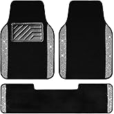 CAR PASS Bling Diamond Car Mats Shining Carpet Crystal Rhinestones Sparkly Glitter Floor Mats with Anti-Slip PVC Heel Pad Universal for Automotive SUV, Sedan, Van, 3pcs for Girl Women, Black Silver