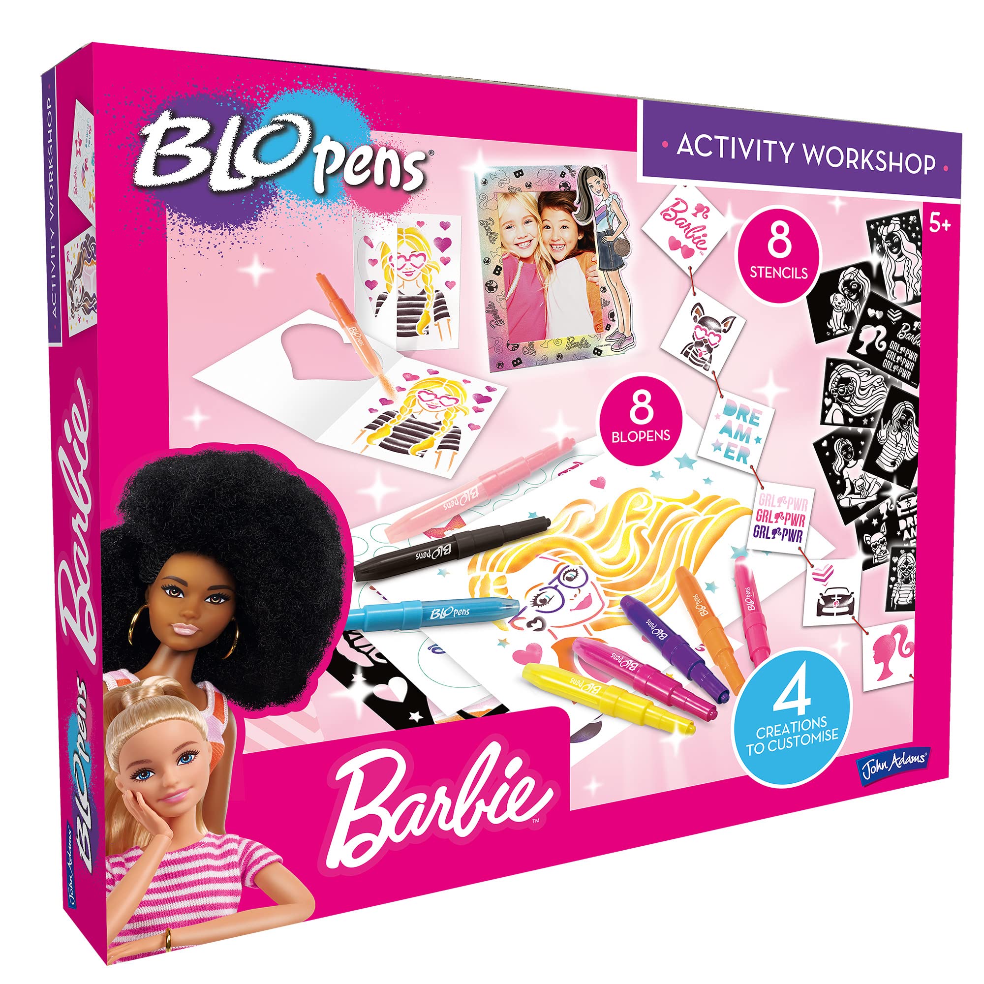 John Adams BLOPENS® Barbie Activity Set | 8 BLOPENS, 8 Stencils & 4 Customisable Creations | A New Way to Colour | Age 5+ | Great Gift Idea for Birthday & Christmas for Kids | Washable & Non-Toxic