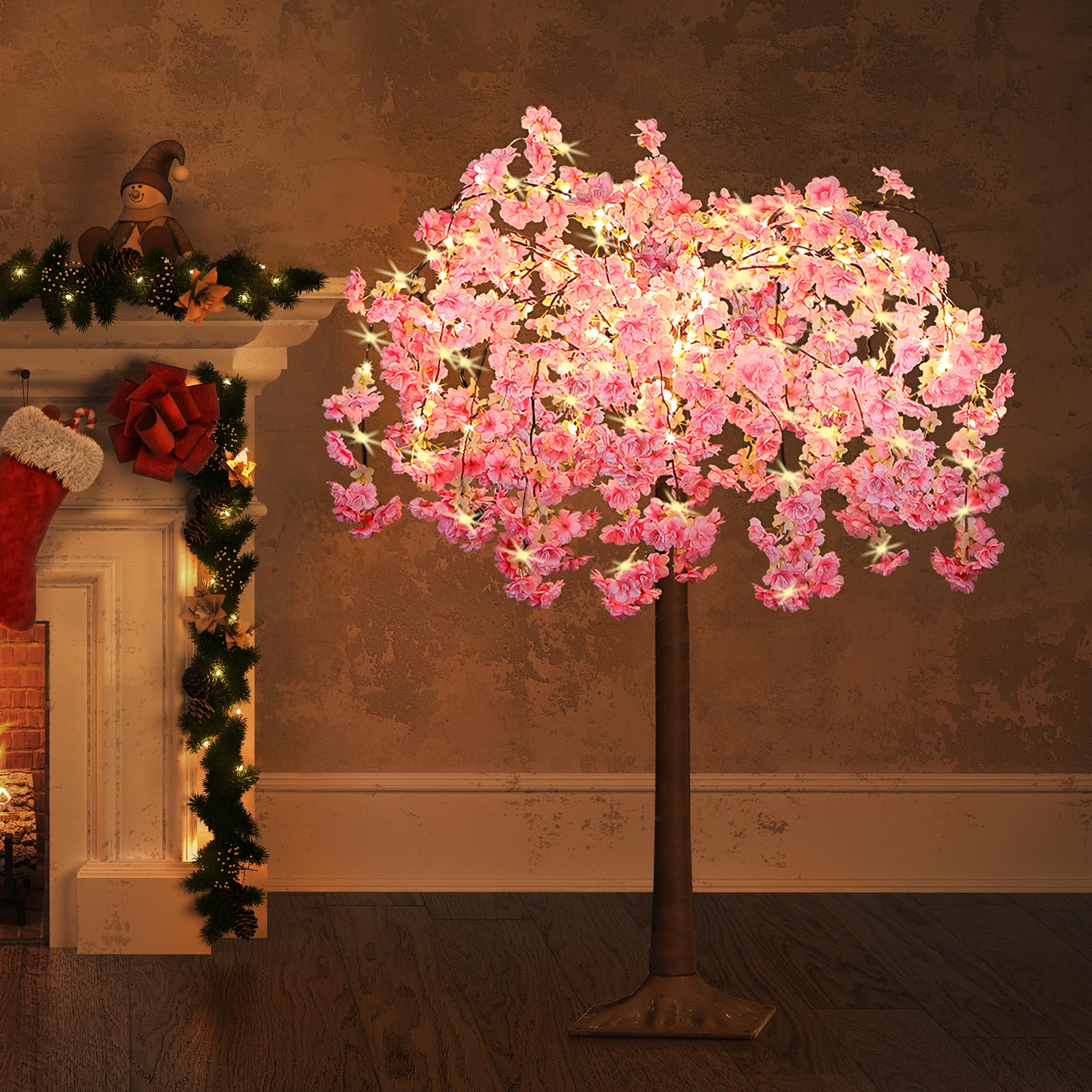 Photo 1 of OUSHENG Lighted Cherry Blossom Tree LED Artificial Trees for Decoration Inside, Light up Fake Plant with Faux Flower for Home Wedding Party Festival Christmas Indoor Decor, Pink, 4FT