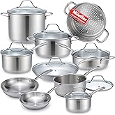 Mueller 17-Piece Stainless Steel Pots and Pans Set, Tri-Ply Ultra-Clad Pro | Cookware Set, Induction Ready, Oven Safe, Even-Heat Aluminum Core, Includes Skillets, Saucepans, Dutch Oven, Stockpot