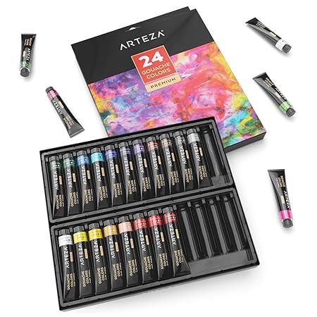 ARTEZA Gouache-Farben | Set mit 24 Premium Künstlerfarben | 12 ml Farbtuben mit Verschiedenen Gouachefarben | Zum Malen auf L