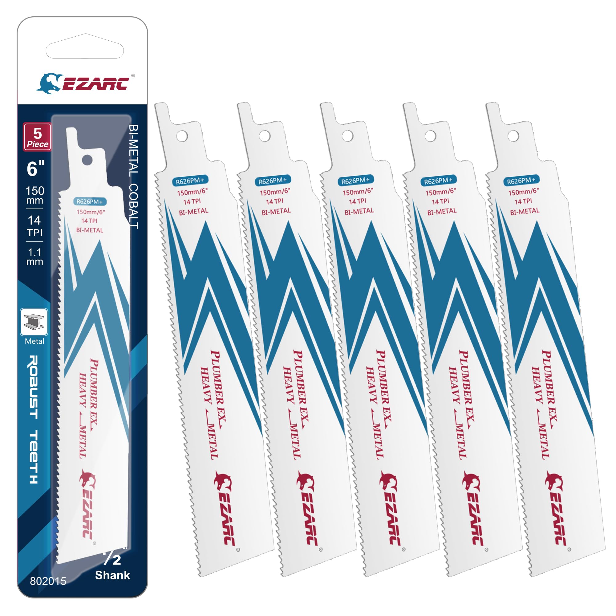 EZARC Reciprocating Saw Blade Bi-Metal Cobalt Sabre Saw Blades for Heavy Metal Cutting 150mm 14TPI R626PM+ (5-Pack)