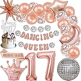 Dancing Queen 17th Birthday Decorations - 31 Pcs Rose Gold Banner Foil Balloons Arch Sash Cake Topper For Girls Sweet 17 Party Bachelorette Mamma Mia Party Disco Decor