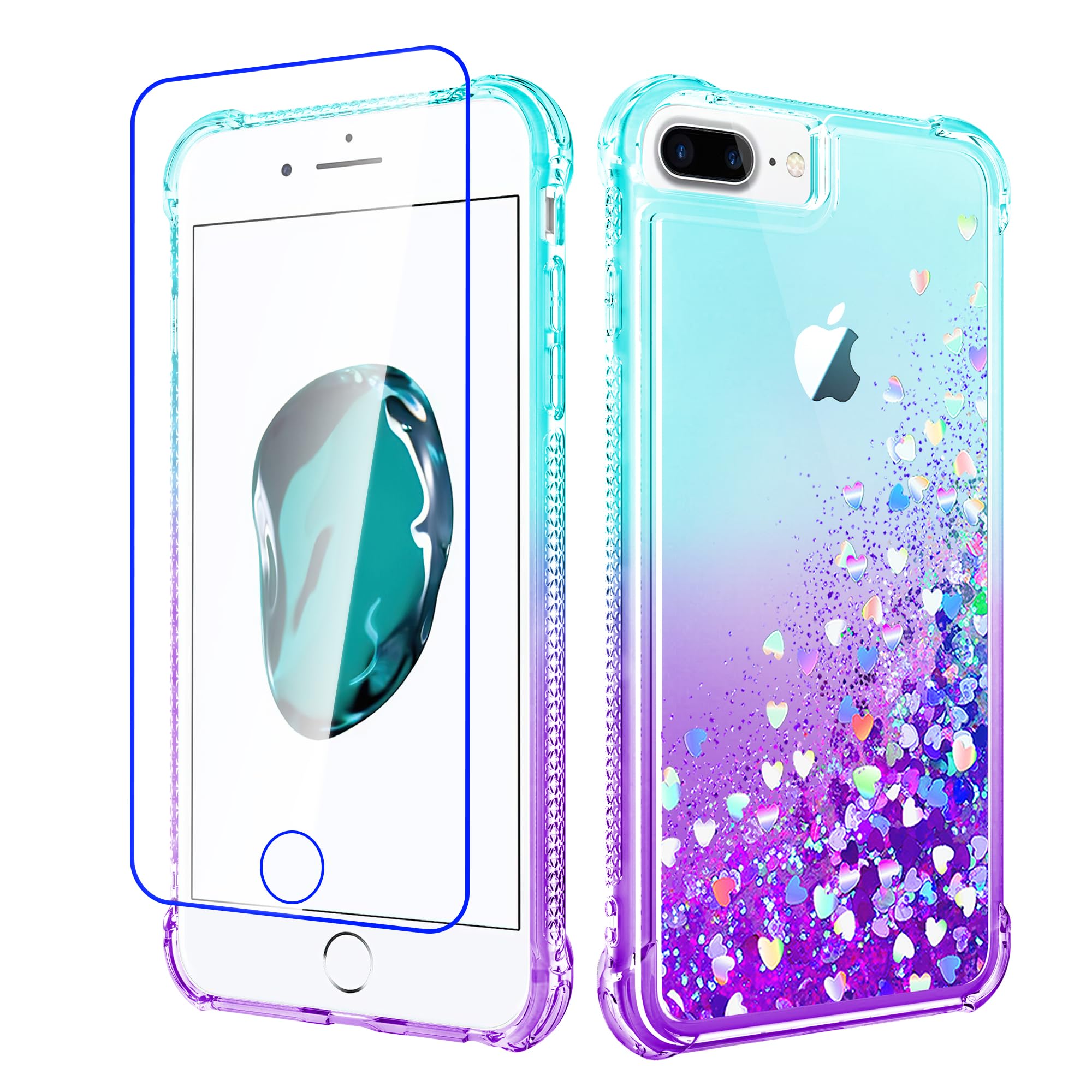 Pilaru Lovely for iPhone 8 Plus/7 Plus/6 Plus/6S Plus Case Clear Liquid Heart Glitter Soft TPU Cover Transparent Girly Protective Phone Case for iPhone 6 Plus,Green-Purple โ image 1