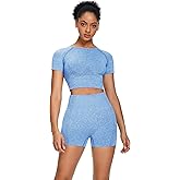 Sytiz Women Seamless Yoga Outfits 2 Piece Set Workout Gym Shorts + Short Sleeve Crop Top