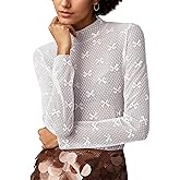 Women Lace Mesh Bow Top Long Sleeve Mock Neck See Through Shirt Polka Dot Embroidered Sheer Layering Tops