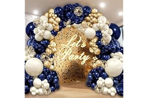 PUFFLD Navy Blue Gold Balloon Graland Arch Kit, Double Stuffed Pearl White Royal Blue Chrome Gold with Confetti Balloons for New Year Graduation Birthday Wedding Party Decorations