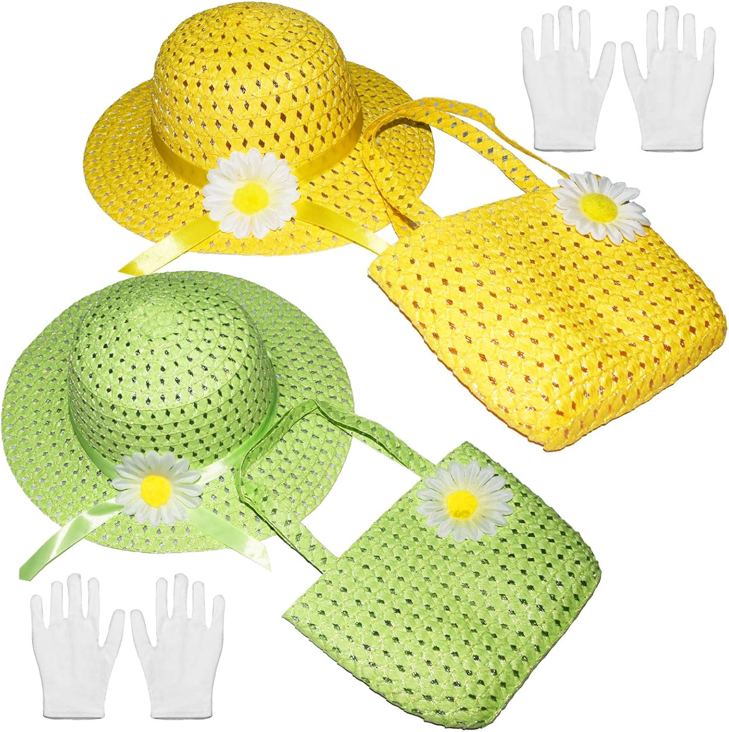 Vegove 6 Girls Tea Party Straw Hats Princess Country Girl Dress Up with Purse and Glove: Clothing