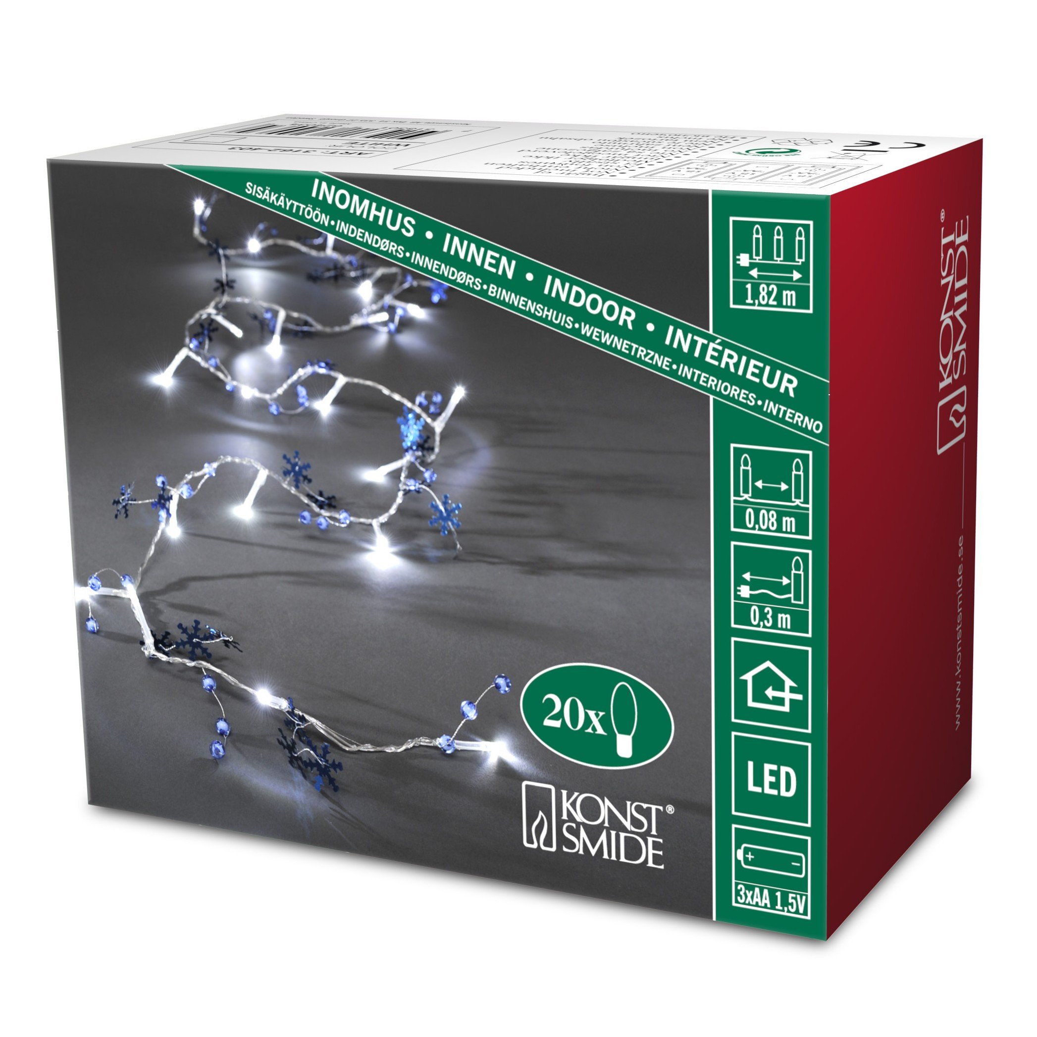 Konstsmide LED Battery Christmas Lights/Decorative Light Set with Blue Beads/Indoor Use (IP20)/Battery Operated: 3xAA 1.5V (excl.)/20 Ice White Diodes/Battery String Lights Transparent Cable, 3162-403