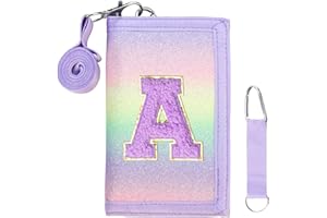SiorVeol Kids Wallet Girls Trifold Initial Glitter Wallets with Zipper and Card Slots Including Neck Lanyard and Hanging Strap, Blue Purple, A