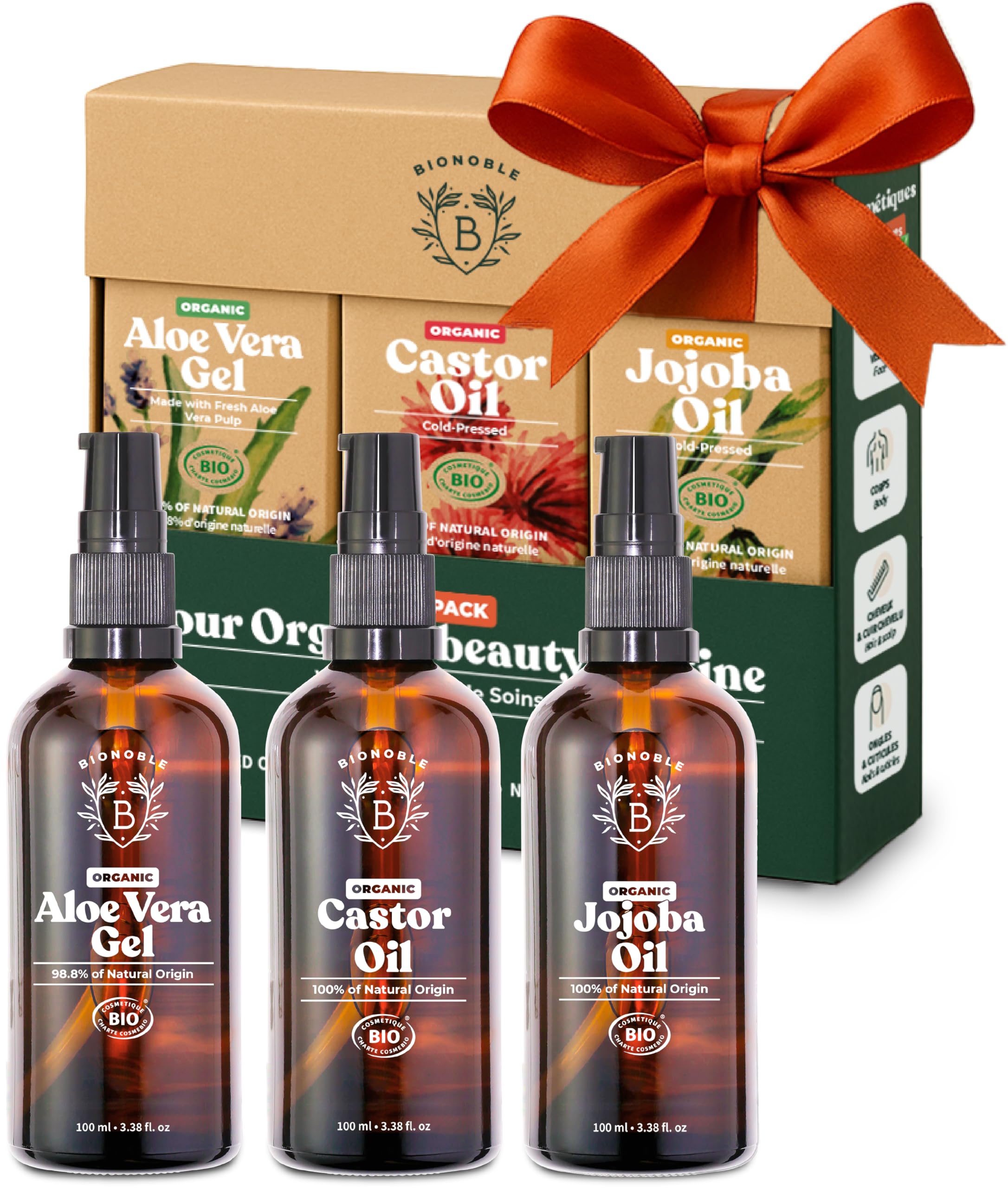 Bionoble Skincare Set 3x100ml - Organic Aloe Vera Gel, Castor Oil and Jojoba Oil - Face, Body and Hair Care - Birthday Gifts for Women