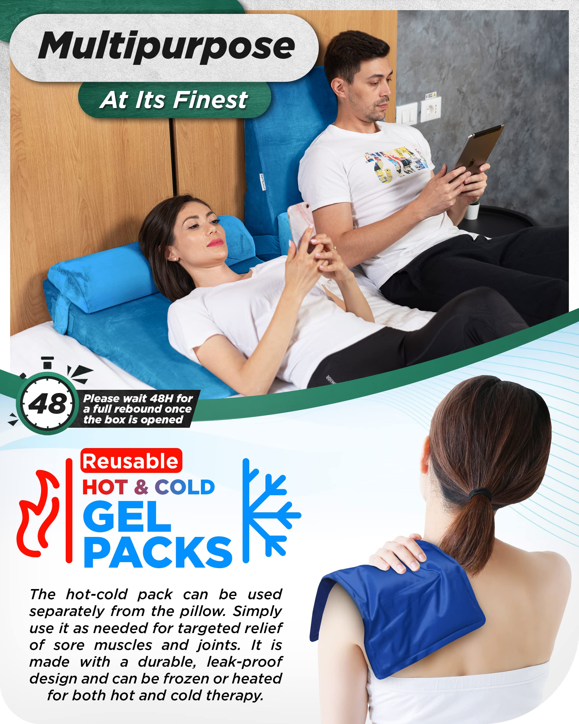 Lunix 4pcs Orthopedic Bed Wedge Pillow Set, Post Surgery Memory Foam for Back, Leg, and Knee Pain Relief, Adjustable Sitting Pillow for Sleeping, Acid Reflux, and GERD, with Hot Cold Pack, Blue