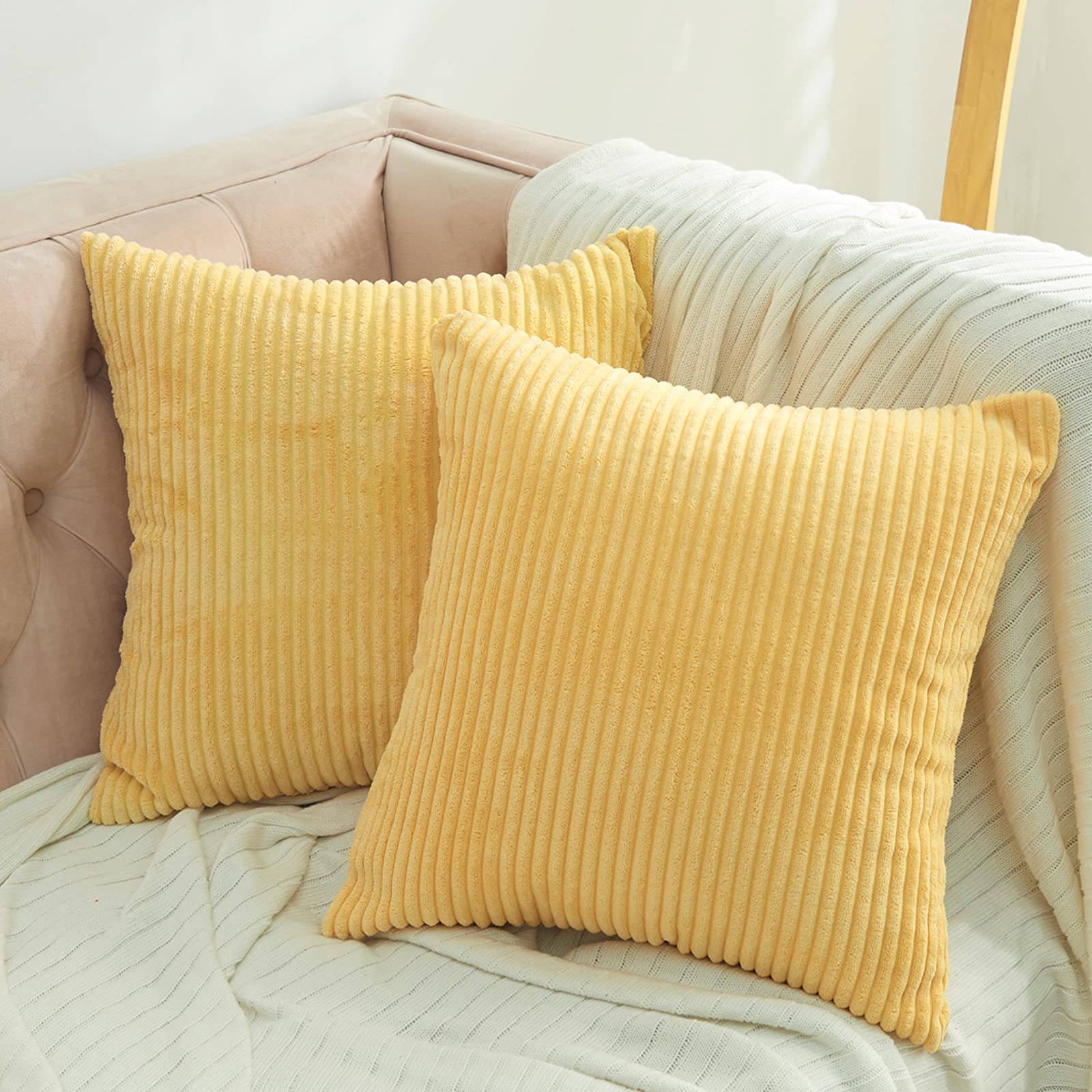 Volcanics Corduroy Cushion Covers Pack of 2 Decorative Square Throw Pillow Covers Cushion Soft Pillowcase 45 x 45cm（18 x 18 Inches） for Home decor Sofa Couch Bedroom, Yellow