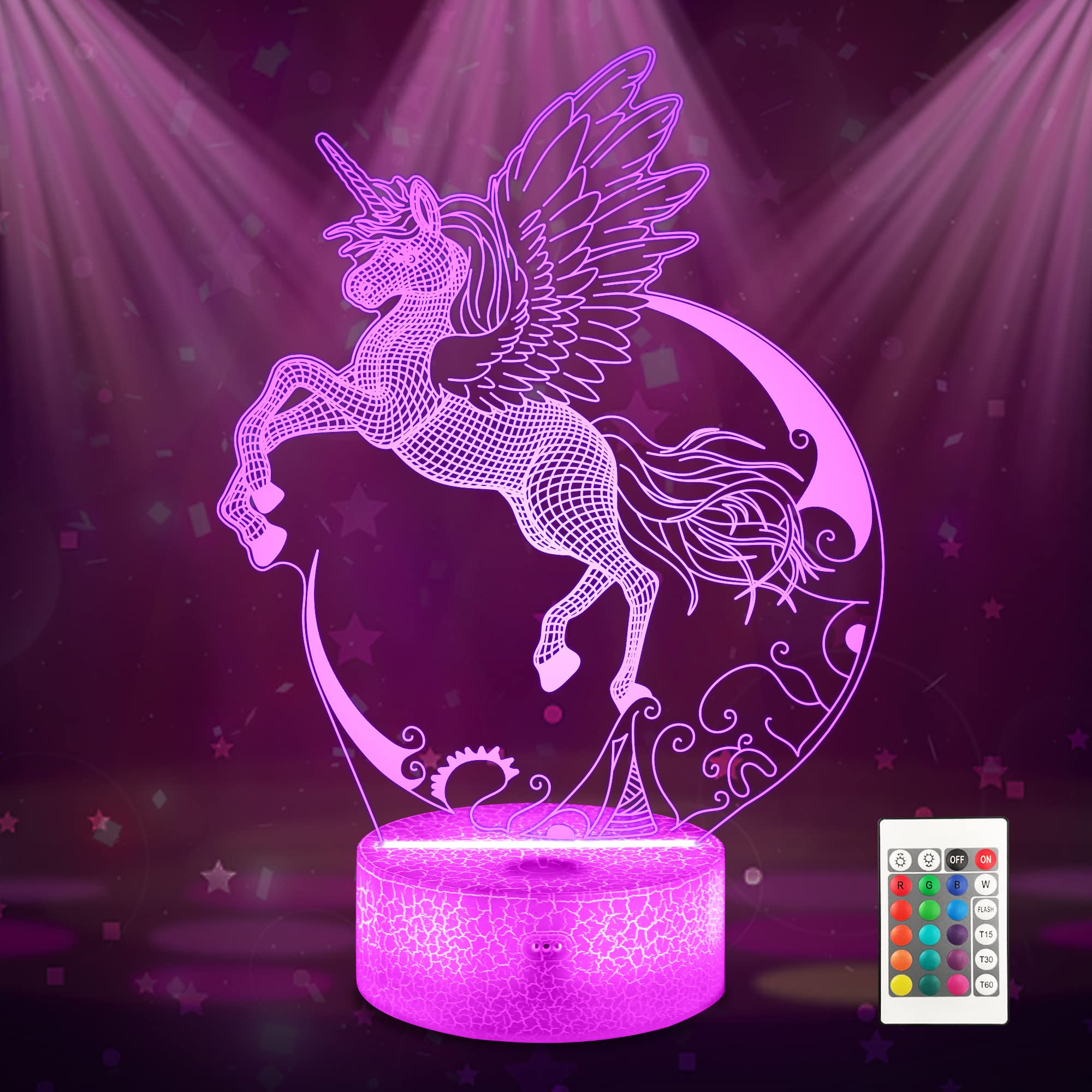 Ammonite Unicorn Night Light for Kids, Unicorn 3D Illusion Lamp 16 Colors Change with Remote & Timer Bedside Light as Birthday Gifts for Girls Women