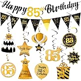 Hapdoo 85th Birthday Decorations Men Set - Happy 85 Birthday Banner Triangle Flag Hanging Swirls Streamers for Women Men Party Decorations Supplies, Black and Gold