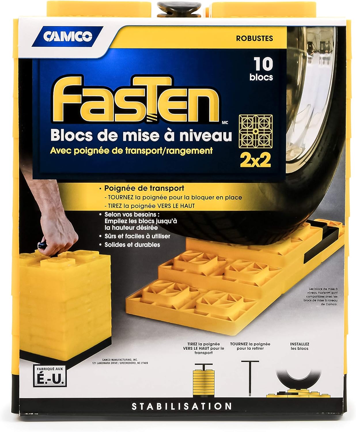 Camco FasTen 2x2 RV Leveling Block For Single Tires, Interlocking Design Allows Stacking To Desired Height, Includes Secure T-Handle Carrying System, Yellow (Pack of 10): Automotive