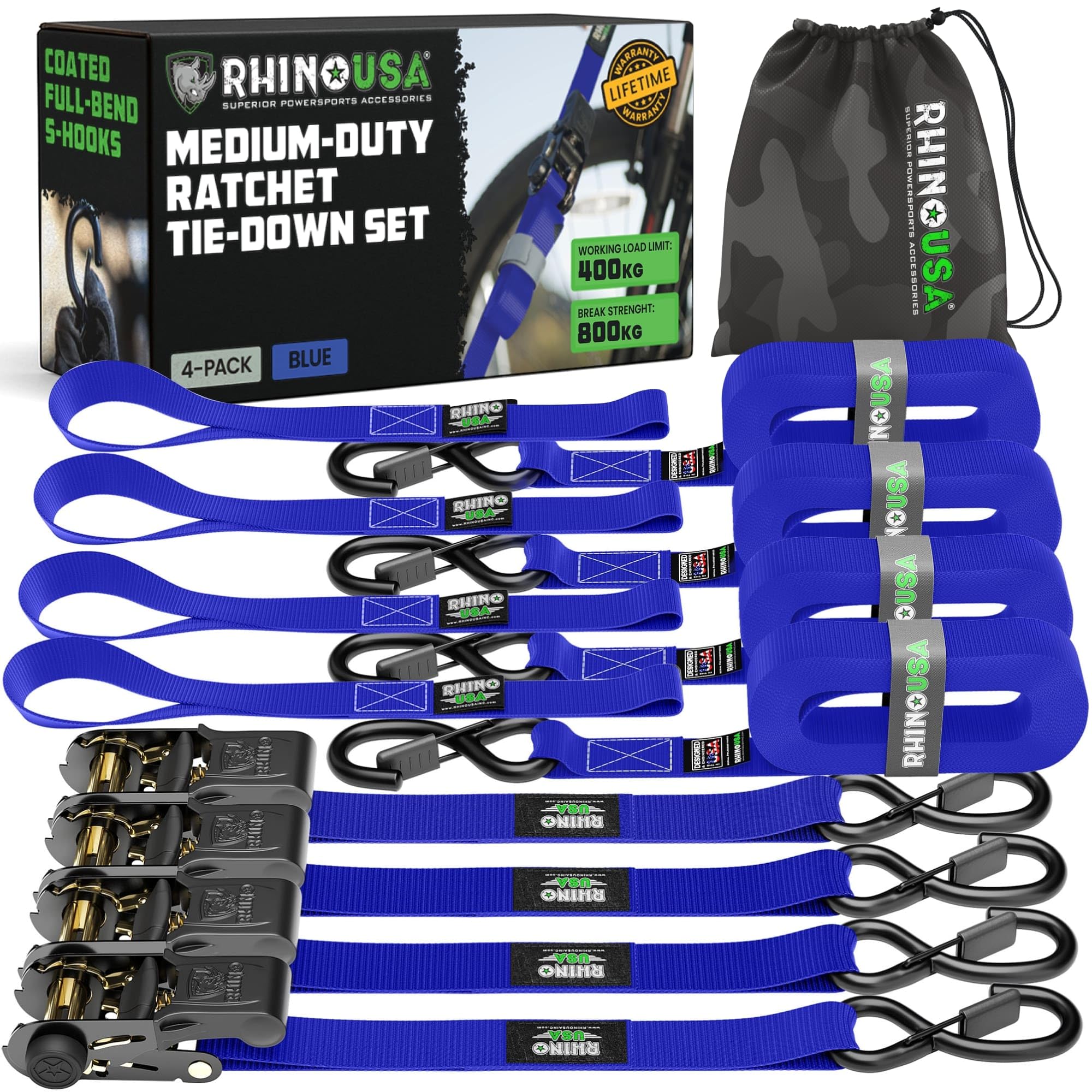 Rhino USA Ratchet Straps Tie Downs (4-Pack) - 2.5cm x 4.6m (800kg Break Strength) - Ultimate Tie Down Straps with Safety S Hooks - Premium Straps for Trucks, Cargo, Moving, Appliances - Blue