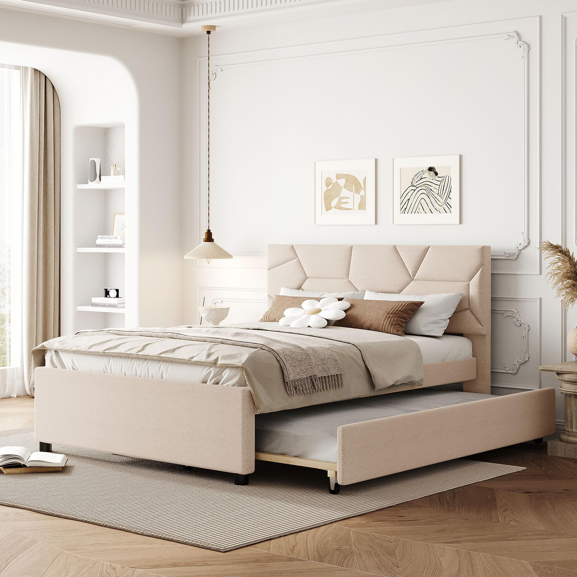 Photo 1 of ***PARTIAL SET Box 2 of 2 ONLY**
DNYN Full Size Upholstered Platform Bed with Trundle?Twin? for Kids,Teen,Adult Bedroom,Solid Wood Linen Fabric Bedframe w/Brick Pattern Headboard,Super Save Space & No Box Spring Needed, Beige