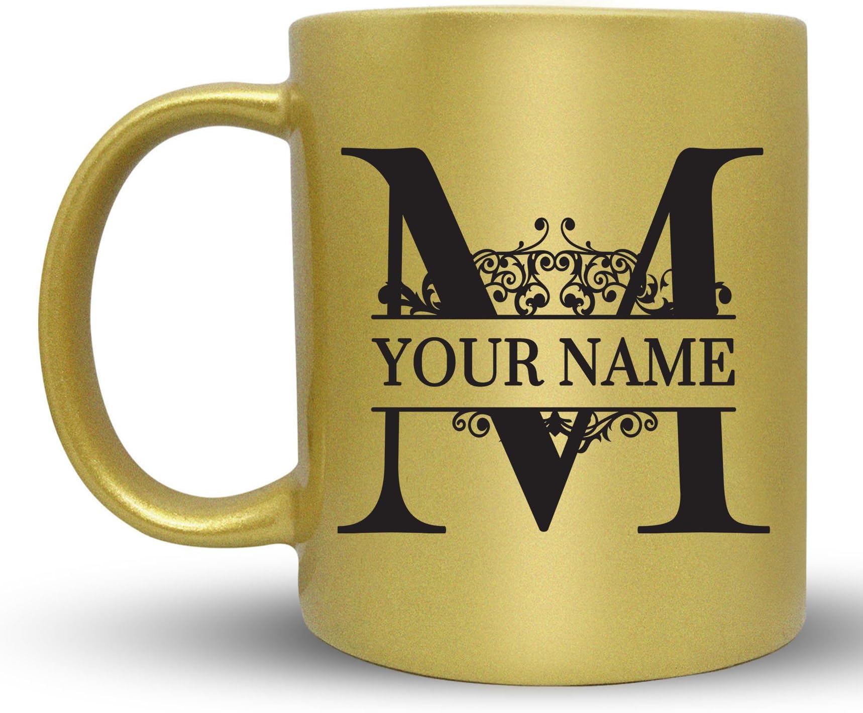 M - Custom Monogram Coffee Mugs - ADD YOUR NAME - Personalized Ceramic Cups - 11oz