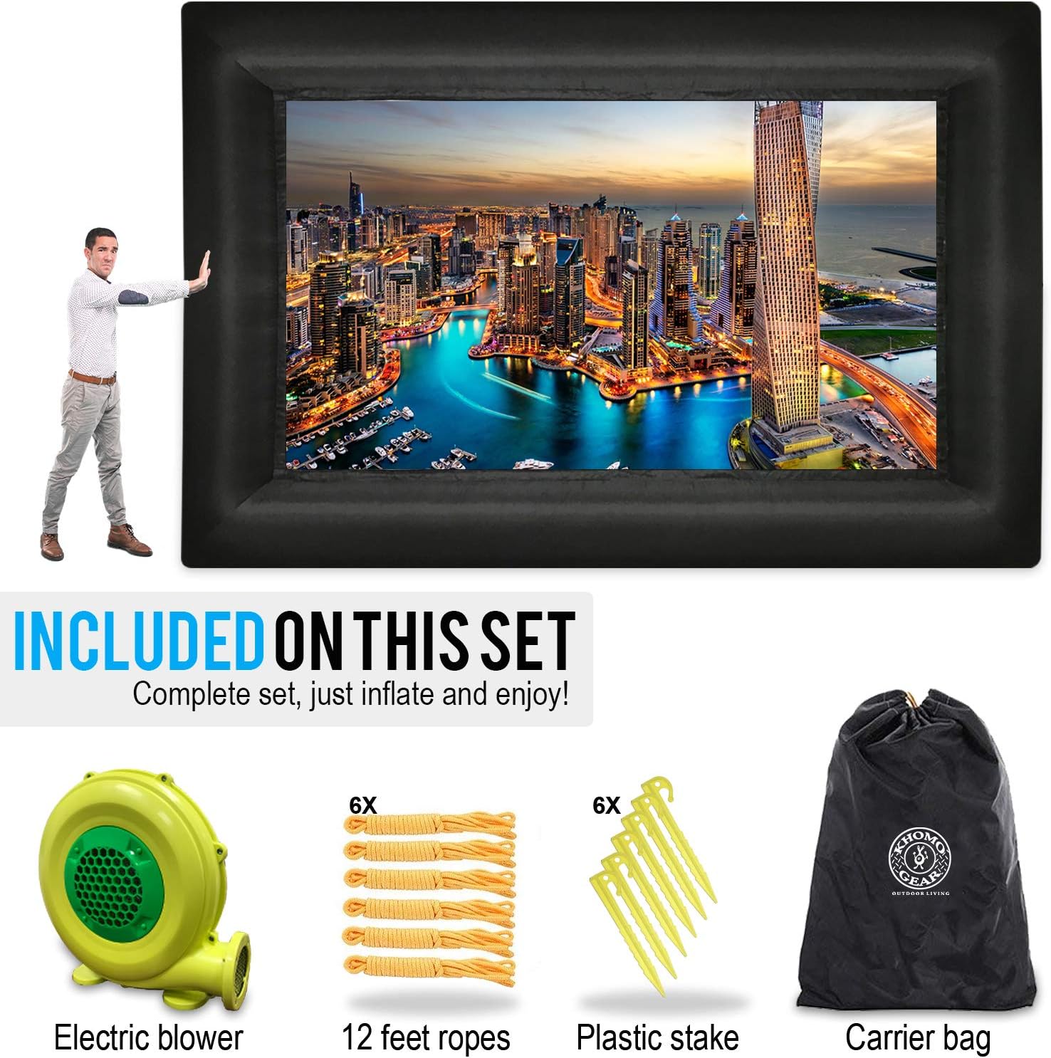 KHOMO GEAR Jumbo 20 Feet Inflatable Outdoor and Indoor Theater Projector Screen - Includes Inflation Fan, Tie-Downs and Storage Bag - Supports Front and Rear Projection, Black (GER-1161): Electronics