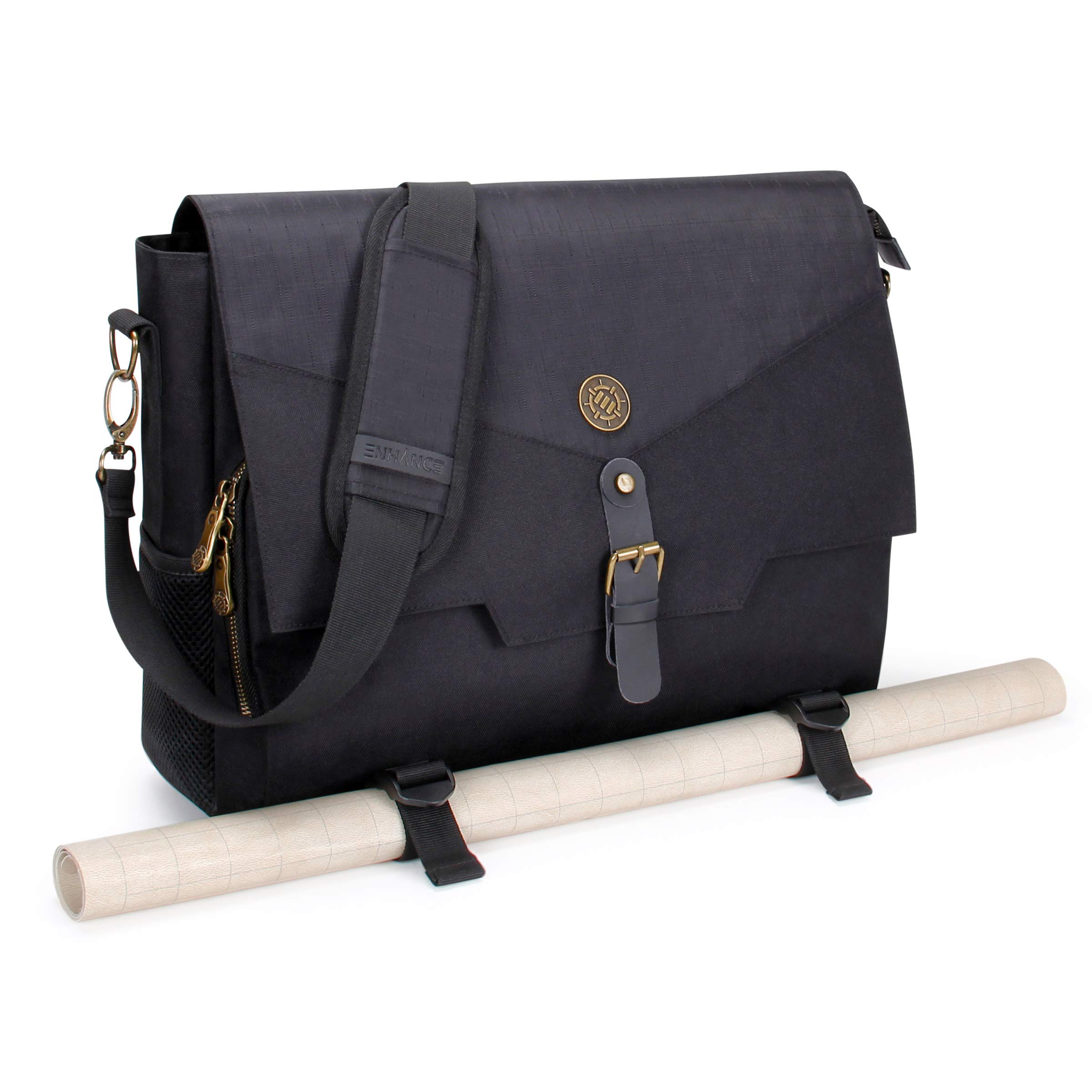 ENHANCE Tabletop DnD Bag - RPG Player's Essentials Dungeons and Dragons Messenger Bag Fits 2-4 Books, Binders, Dice & Accessories, with 17 inch Laptop Compartment and Battlemap Carrying Straps (Black)