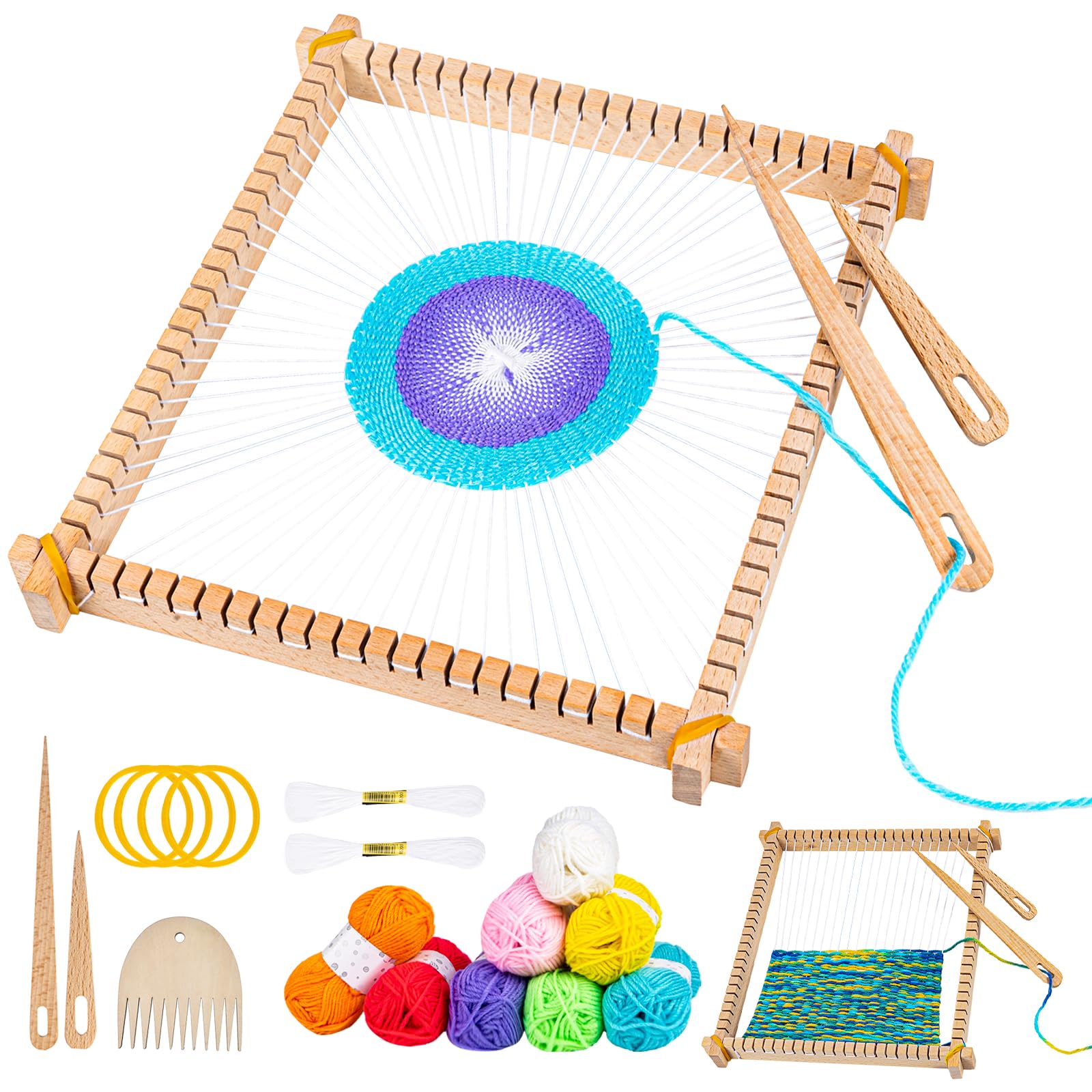 Homewit Wooden Weaving Loom Kit, 26x28cm Wooden Multi-Craft Weaving Loom Adjustable Hand-Knit Machine, Loom Set with Yarns,Rods,Combs and Shuttles, Suitable for Beginner & Kids