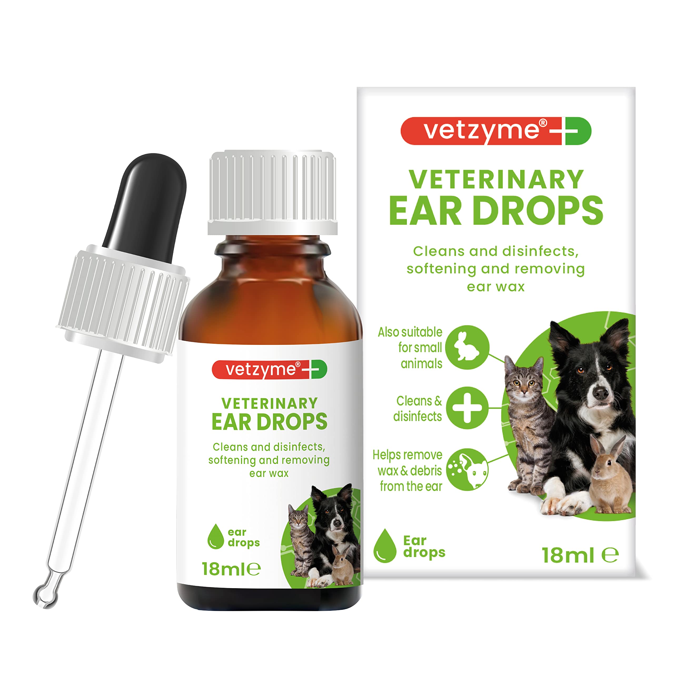 Vetzyme Veterinary Ear Drops for Dogs, Cats and Small Pets - Antibacterial Formula Soothes Irritation (18ml)