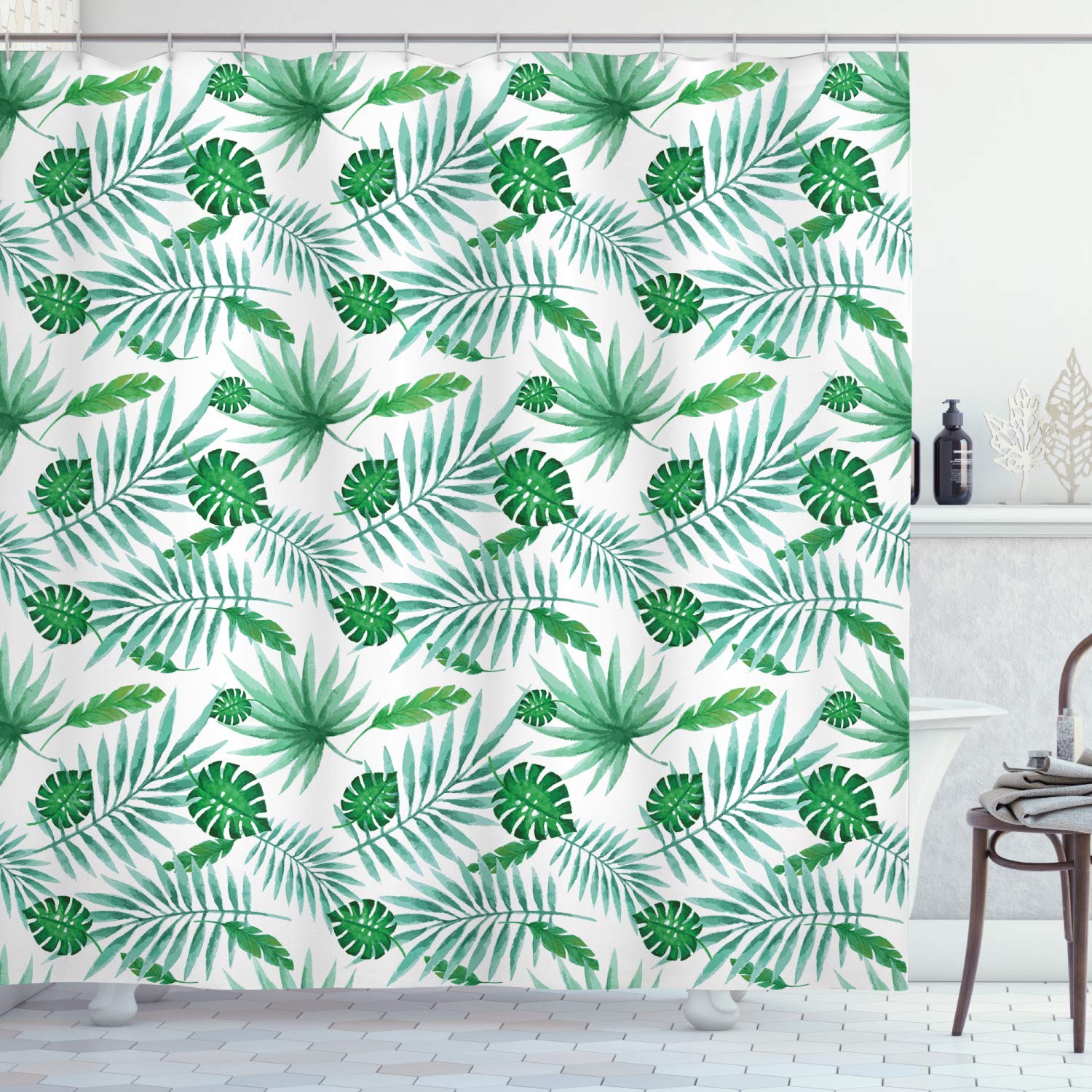 ABAKUHAUS Green and White Shower Curtain, Polynesian Aloha Watercolor Style Monstera Palm Leaves Luau, Cloth Fabric Bathroom Decor Set with Hooks, 175 x 200 cm, Green And Almond Green