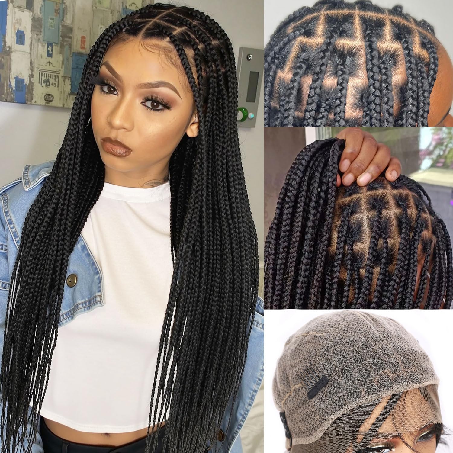 Photo 1 of Fancy Hair 32" Braided Wig Square Knotless Box Braided Wigs for Black Women Full Double Lace Glueless Braids Wig with Baby Hair Synthetic Black Braided Wig for African American Women