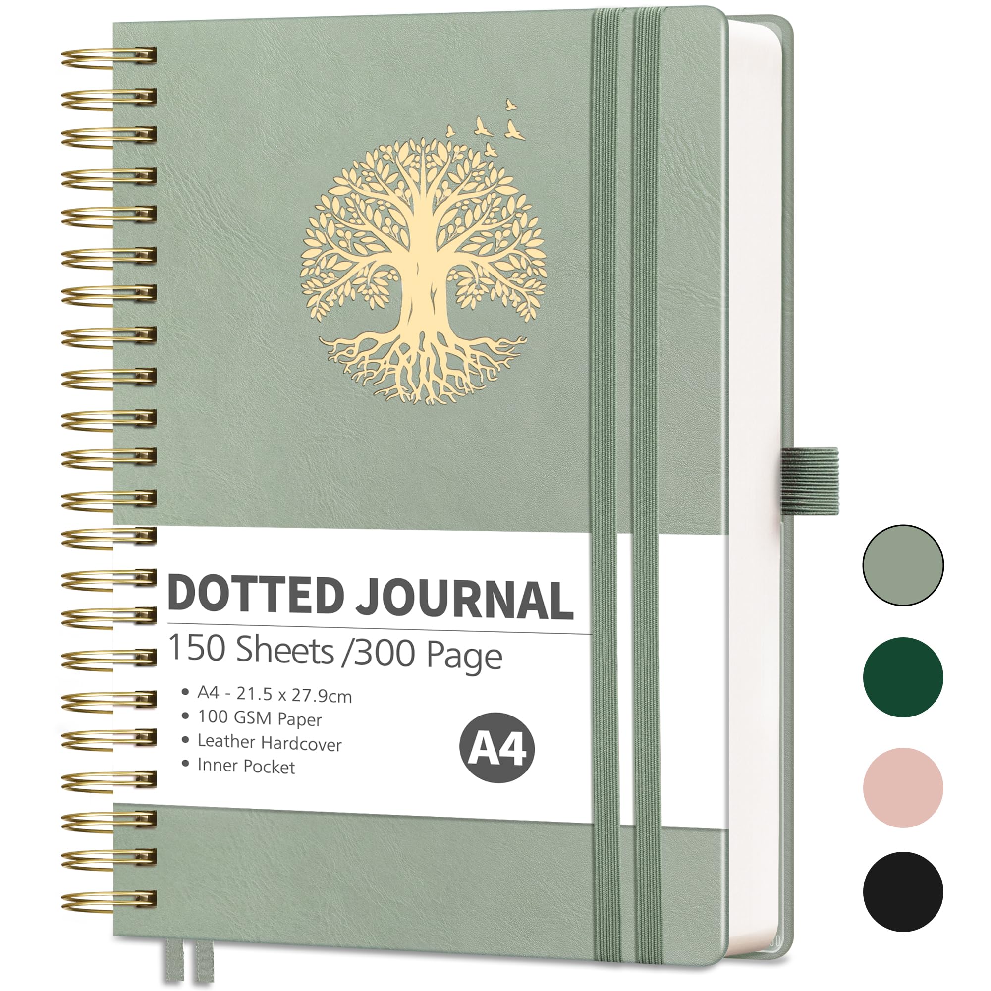 RETTACY Bullet Dotted Journal-A4 Notebook Hardcover Leather Thick Journal,Dot Grid Notebook 300 Pages for Writing,100gsm, Hardcover Leather with Bookmark,Journal Stencils, Inner Pocket - LightGreen