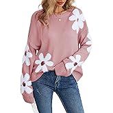 BreathSunny Womens Oversized Flower Sweaters Crew Neck Cute Knit Fall 2025 Trendy Long Sleeve Floral Pullover Jumper Tops