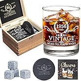 70th Birthday Gifts for Men Whiskey Glass Set - 70th Birthday Decorations, Party Supplies - 70 Years Anniversary, Bday Gifts Ideas for Him, Dad, Husband, Friends - Wood Box & Whiskey Stones & Coaster