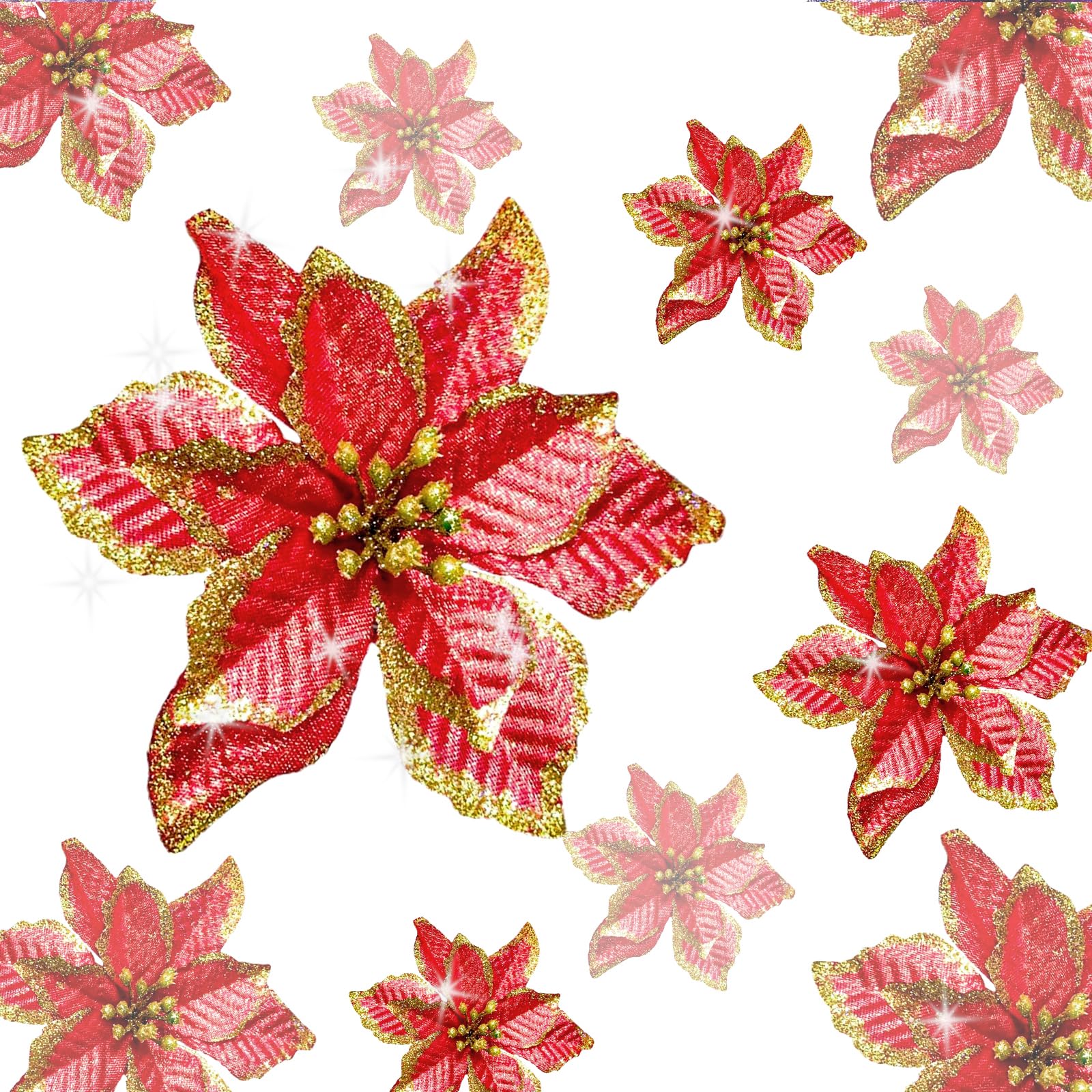 KEPATO Christmas Glitter Poinsettia Christmas Tree Ornaments Pack of 12 (Burgundy) — image 1