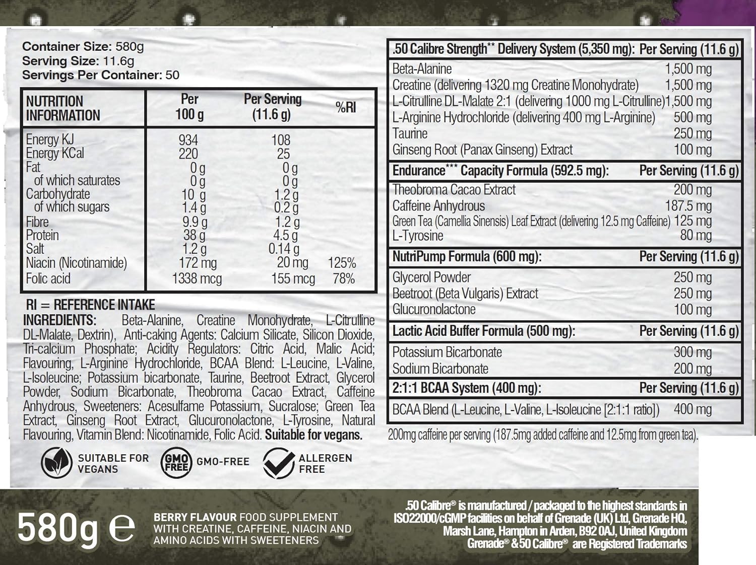 Grenade 50 Calibre Berry Blast Pre Workout 580g: Health & Personal Care