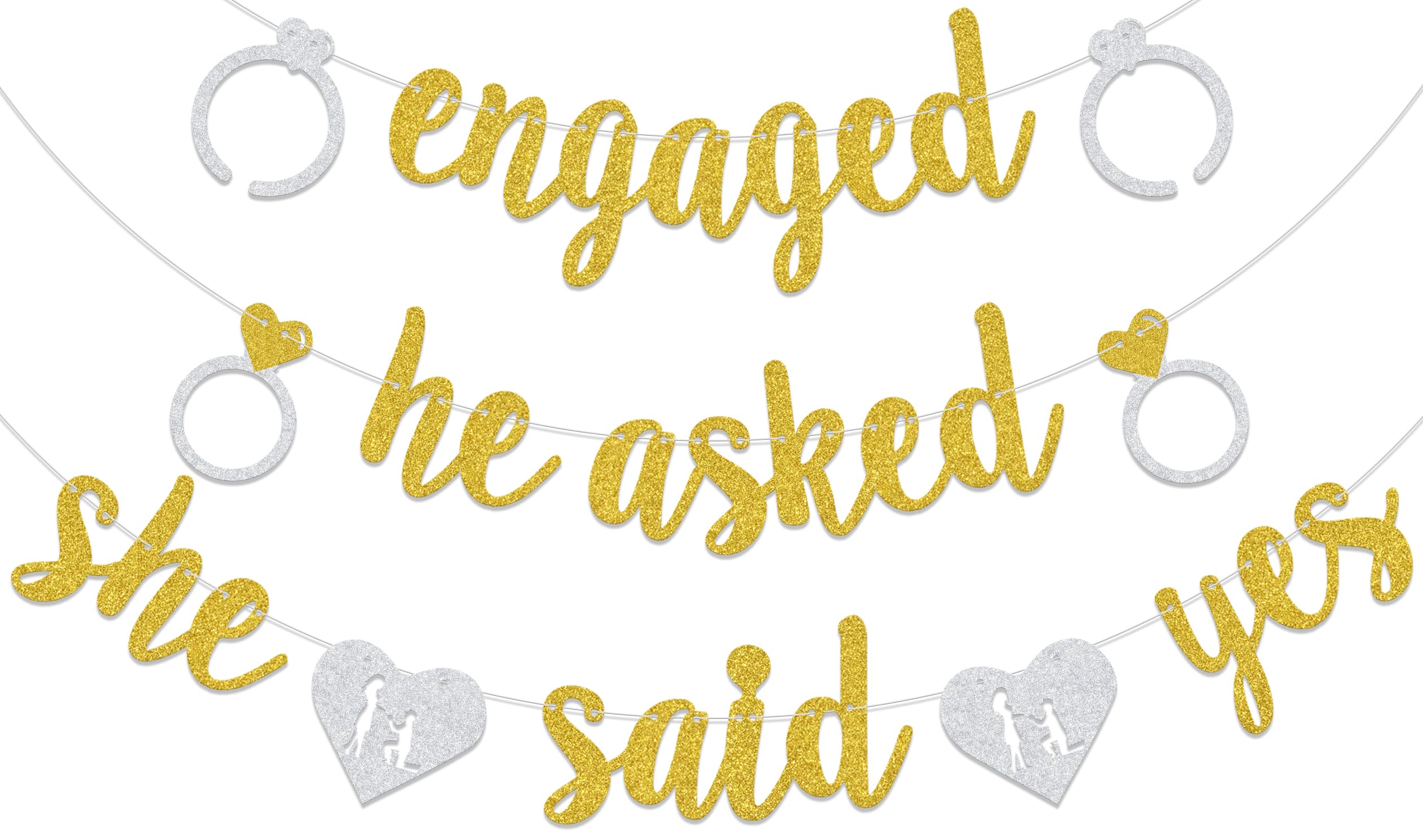 Qxcv Engaged He Asked She Said Yes Banner, Gold Glitter, Wedding Engagement Party Decoration, Backdrop